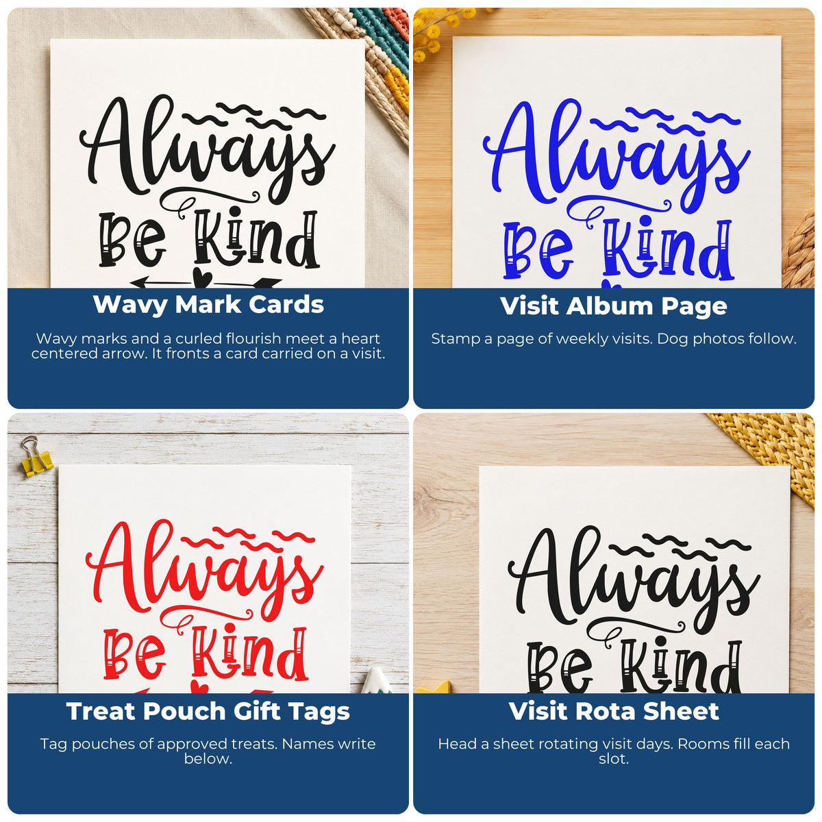 Four ways to use the Always Be Kind Arrow Self-Inking Craft Stamp: wavy mark cards, visit album page, treat pouch gift tags and visit rota sheet.