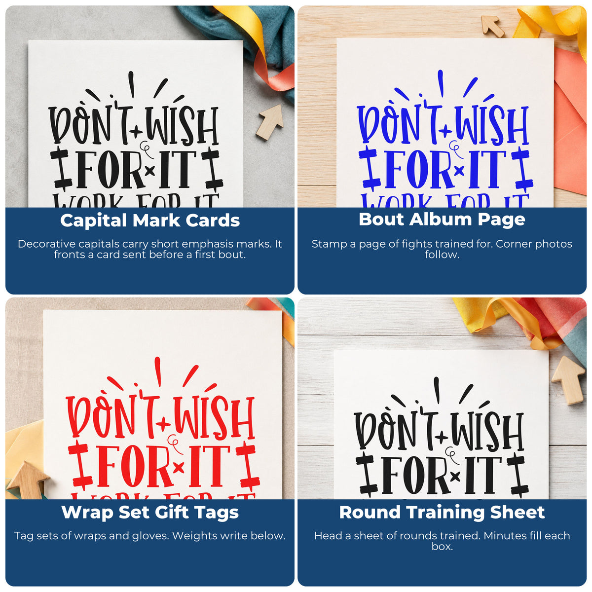 Four ways to use the Don't Wish Work For It Pre-Inked Stamp – PSI: capital mark cards, bout album page, wrap set gift tags and round training sheet.