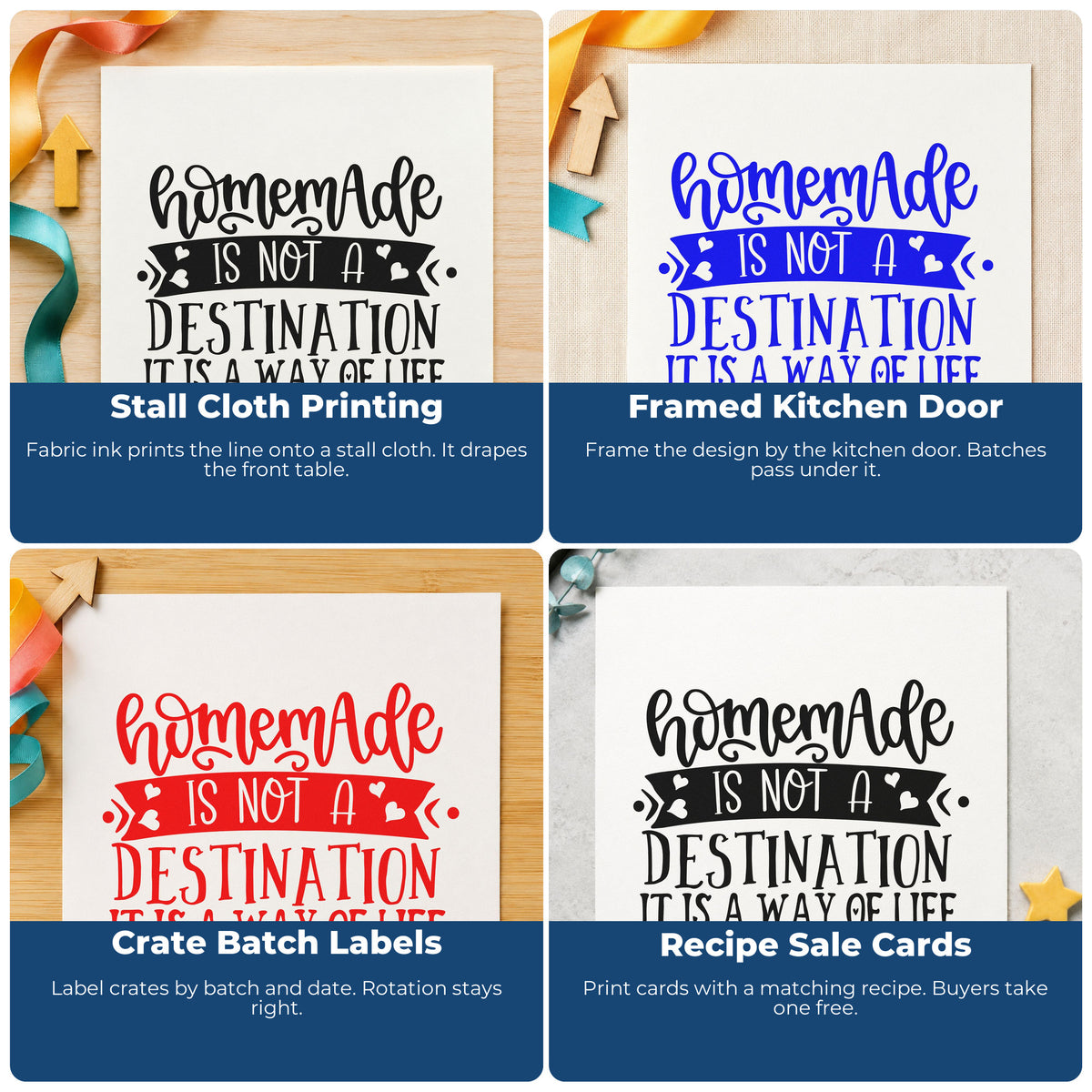 Four ways to use the Homemade Is Not A Destination It Is A Way Of Life Self-Inking Stamp: stall cloth printing, framed kitchen door, crate batch labels and recipe sale cards.