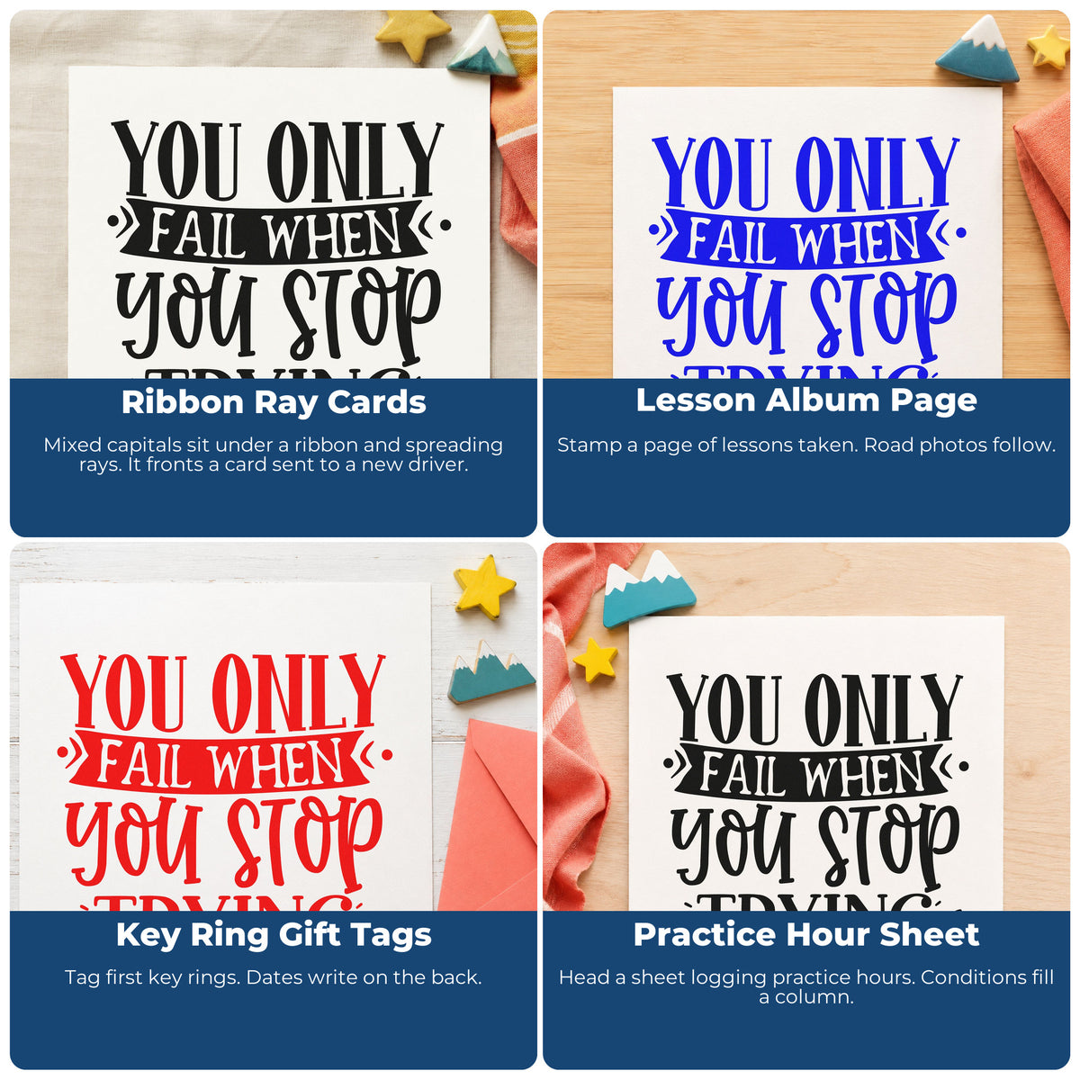 Motivational rubber stamps used in scrapbooks, cardmaking, journals and gift tags to add uplifting phrases and personal touches.