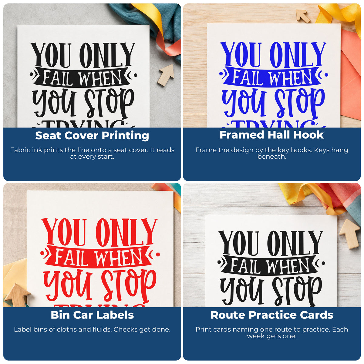 Rubber stamp inspiration collage showing motivational quote stamps for habit trackers, vision boards, sticky notes, and planners.