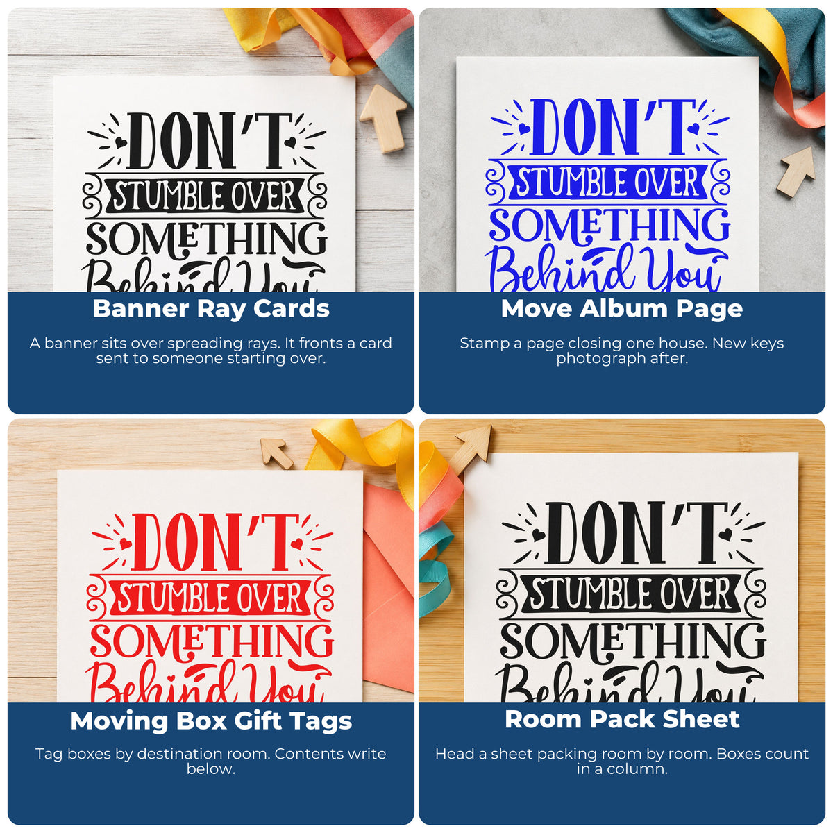 Four ways to use the Don't Stumble Over Something Behind You Compact Pre-Inked Stamp – Slim: banner ray cards, move album page, moving box gift tags and room pack sheet.