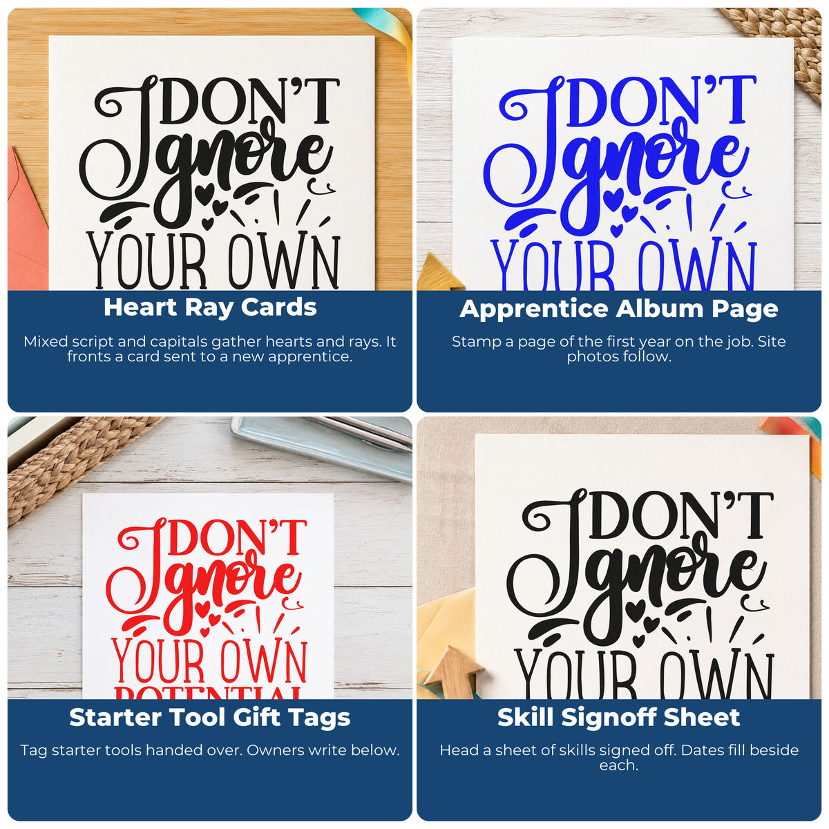 Motivational rubber stamps for scrapbooks, cardmaking, journaling, and gift tags with uplifting phrases.