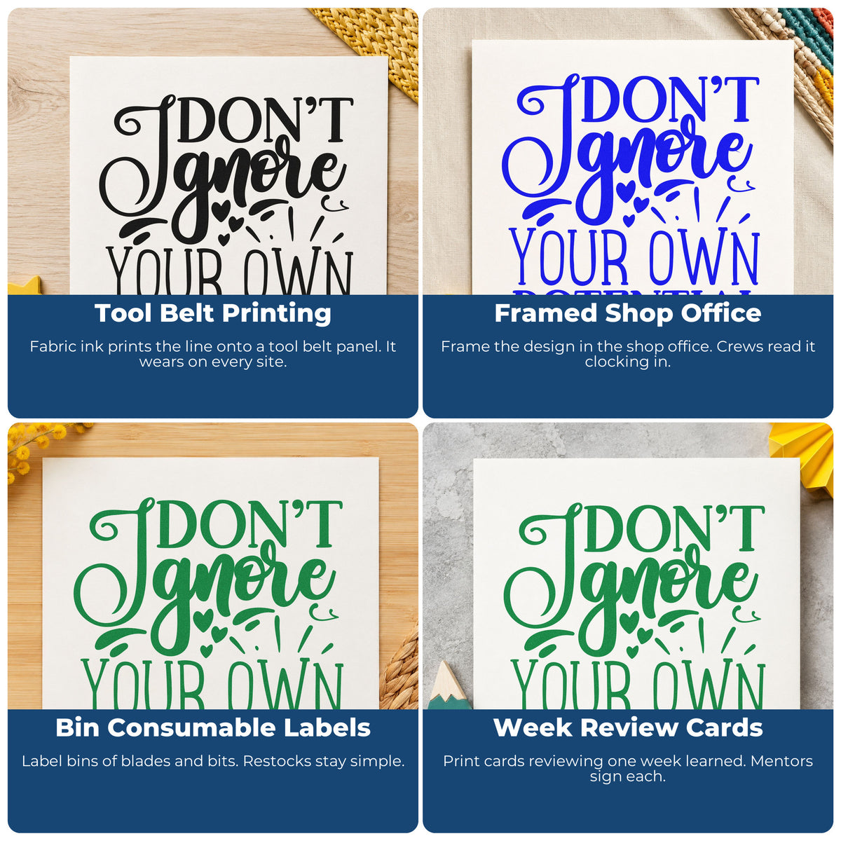 Motivational rubber stamps used in habit trackers, vision boards, sticky notes, and personal planners for daily encouragement.