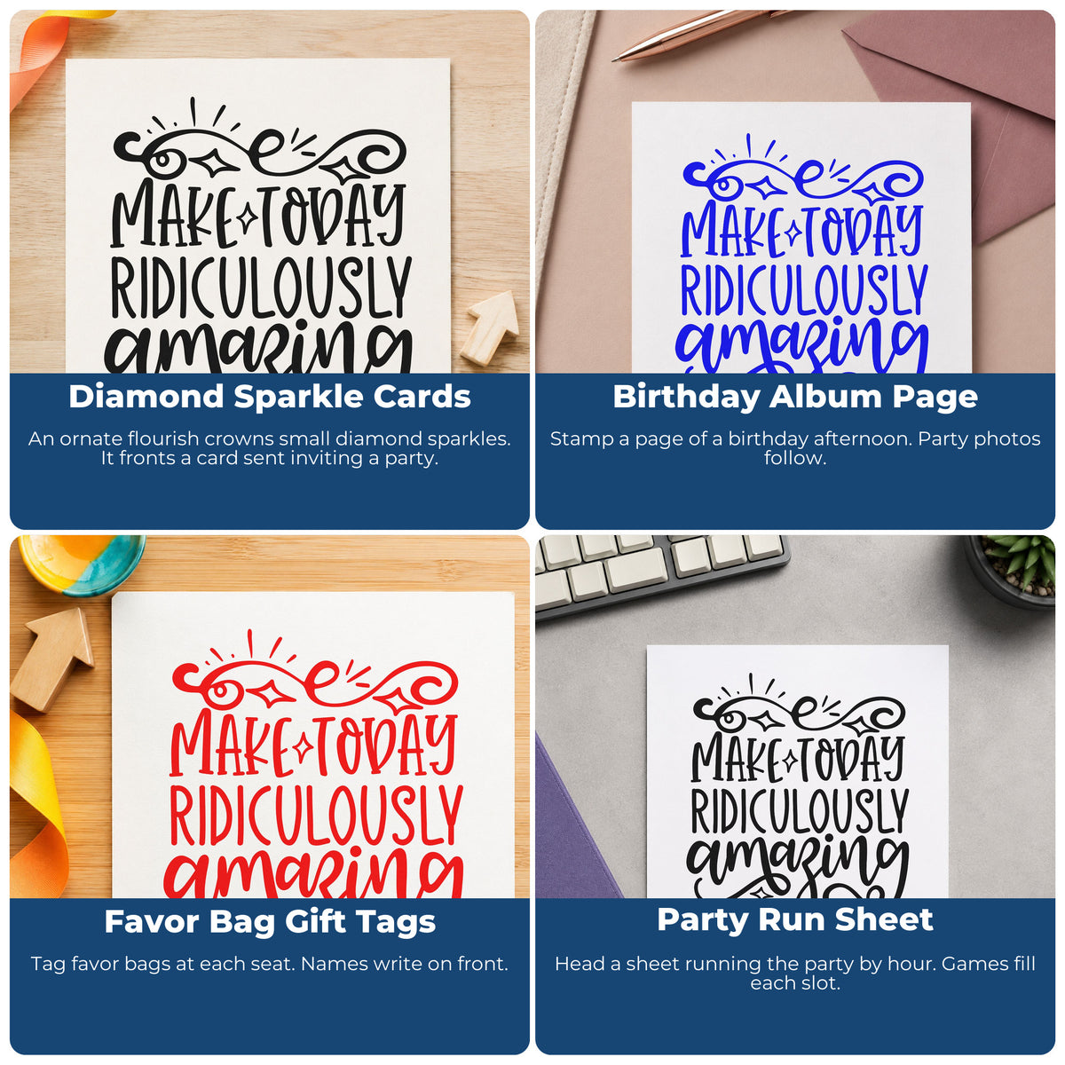 Motivational rubber stamps for scrapbooks, cardmaking, journaling and gift tags, adding uplifting phrases to paper crafts.