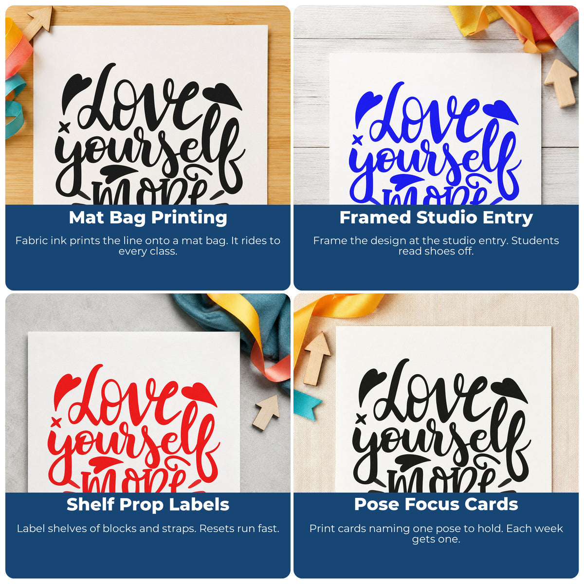 Four ways to use the Love Yourself More Pre-Inked Stamp – Slim: mat bag printing, framed studio entry, shelf prop labels and pose focus cards.