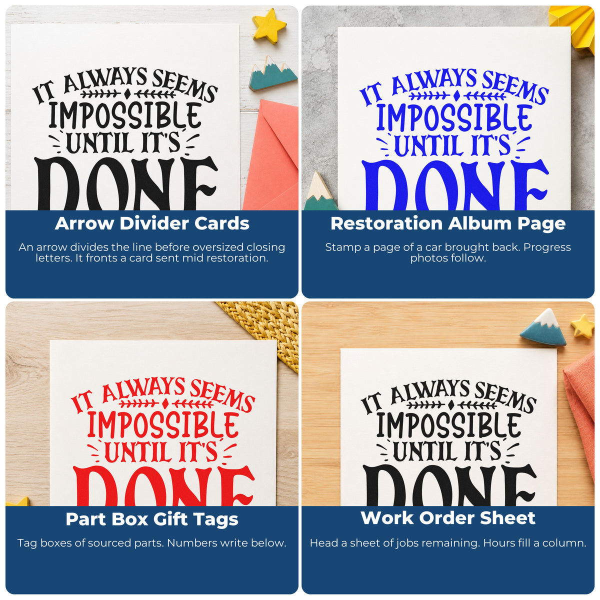 Motivational rubber stamps for scrapbooks, cardmaking, journaling, and gift tags with uplifting phrase examples.