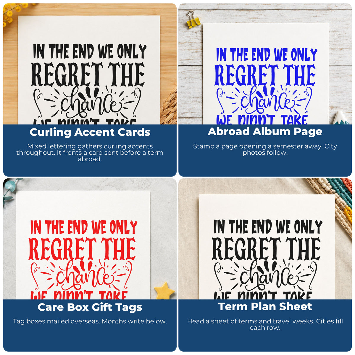 Inspirational rubber stamp designs for scrapbooks, cardmaking, journaling, and gift tags with motivational quote examples.