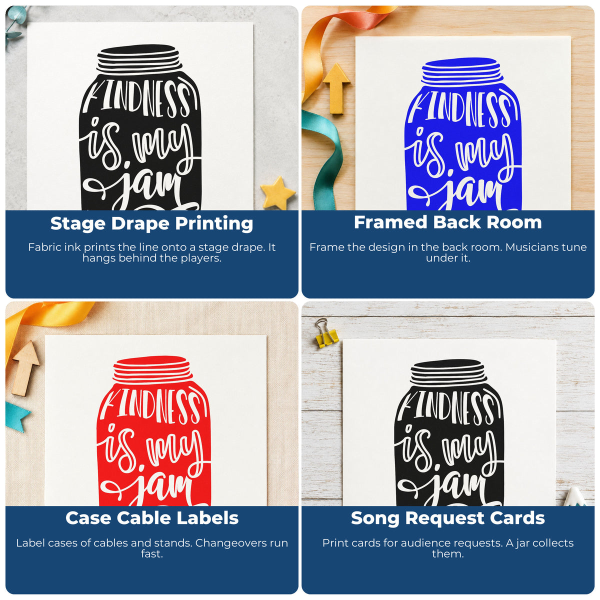 Four ways to use the Kindness Is My Jam Jar Lettering Hand Stamp – Duo: stage drape printing, framed back room, case cable labels and song request cards.