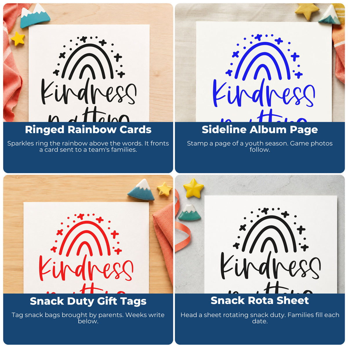 Four ways to use the Kindness Matters Starry Rainbow Pre-Inked Stamp – PSI: ringed rainbow cards, sideline album page, snack duty gift tags and snack rota sheet.