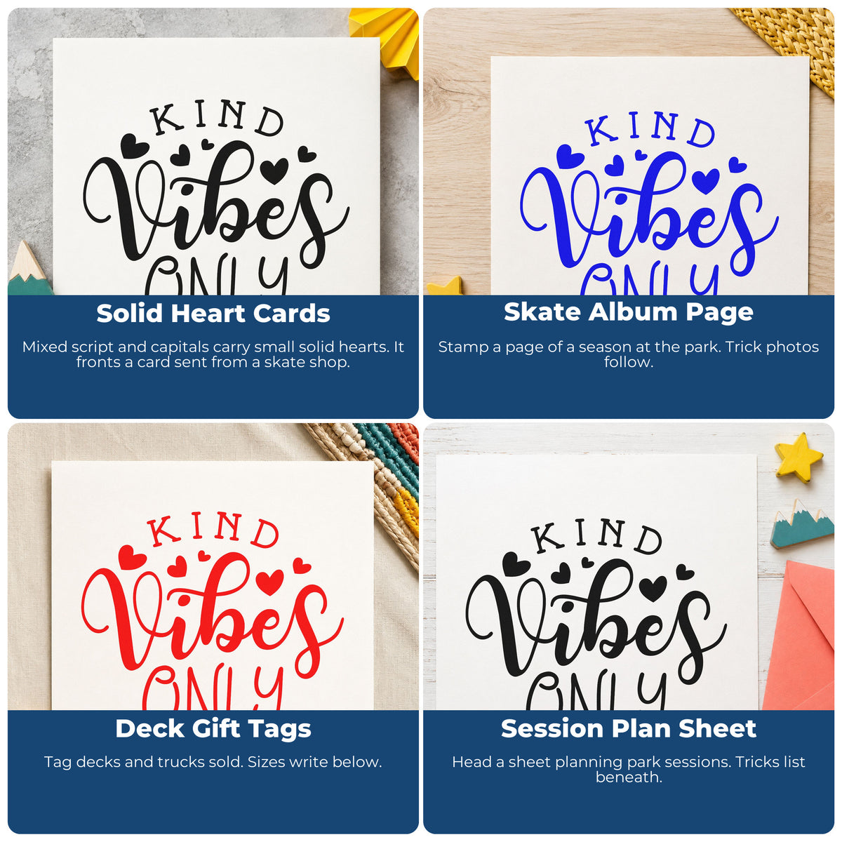 Four ways to use the Kind Vibes Only Pre-Inked Stamp – Slim: solid heart cards, skate album page, deck gift tags and session plan sheet.