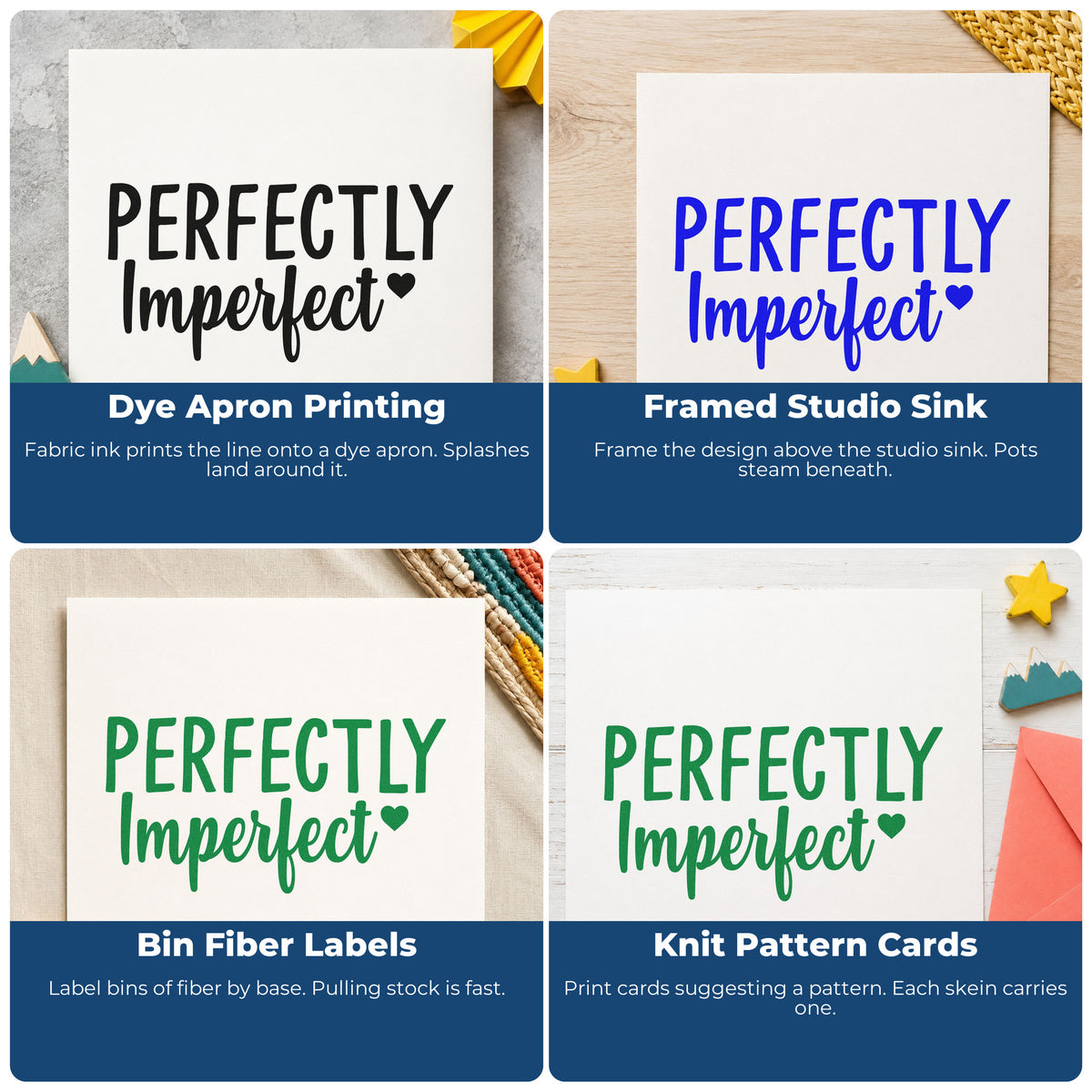 Four ways to use the Perfectly Imperfect Small Heart Wood Handle Stamp: dye apron printing, framed studio sink, bin fiber labels and knit pattern cards.