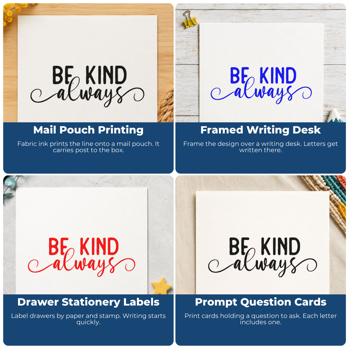 Four ways to use the Be Kind Always Hand Stamp – Duo: mail pouch printing, framed writing desk, drawer stationery labels and prompt question cards.