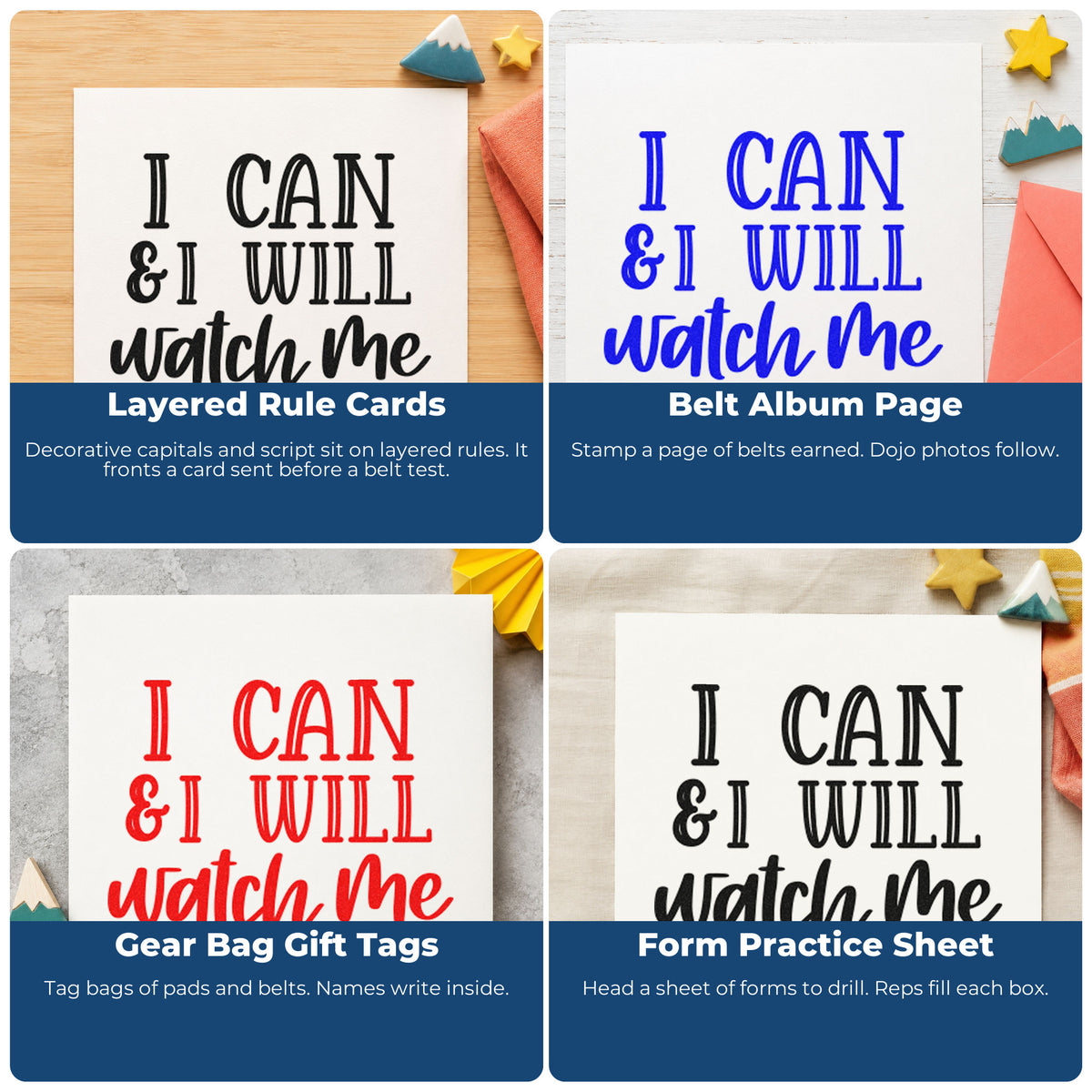 Four ways to use the I Can I Will Watch Me Duo Hand Stamp: layered rule cards, belt album page, gear bag gift tags and form practice sheet.