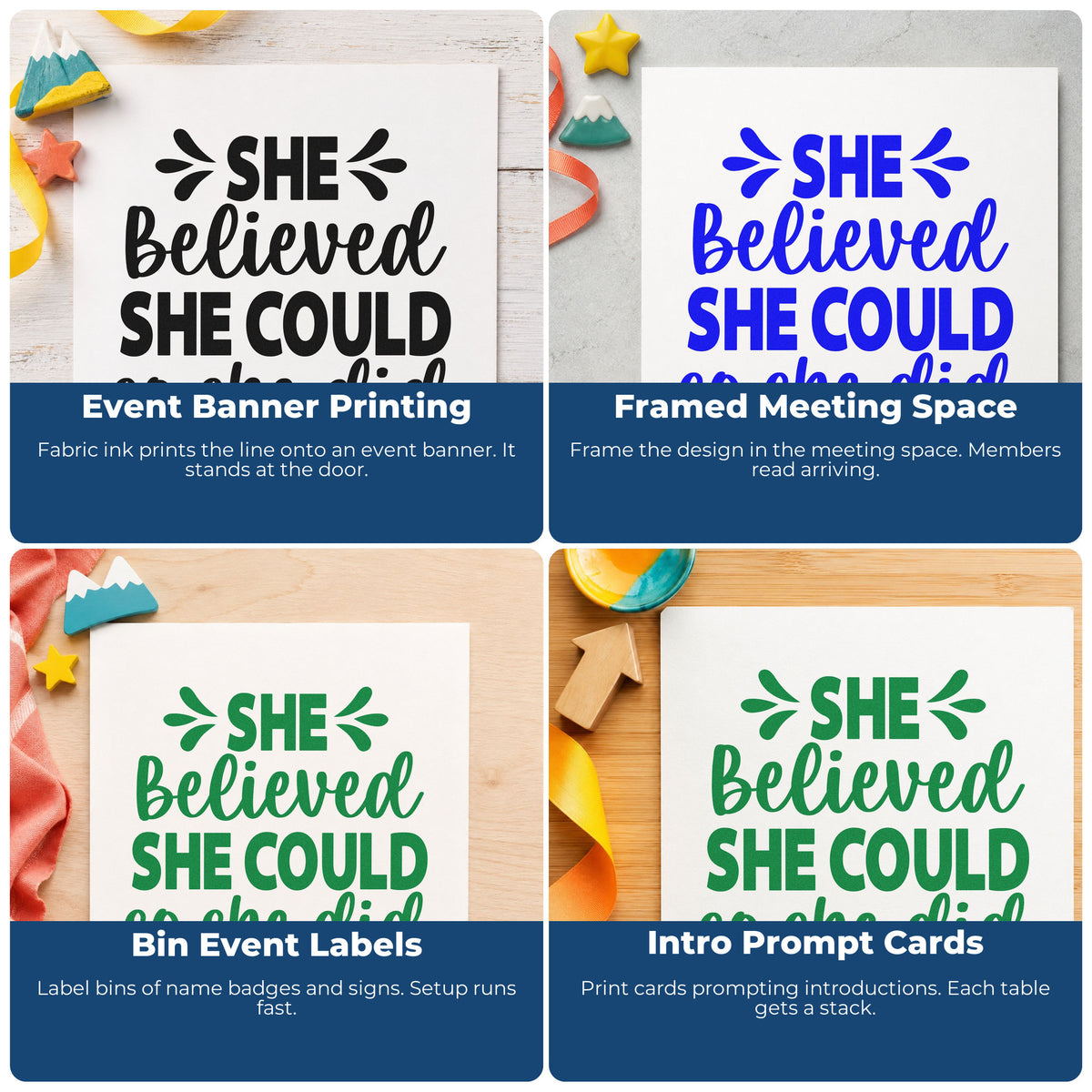 Motivational rubber stamp examples for habit trackers, vision boards, sticky notes, and planners with uplifting quote designs.