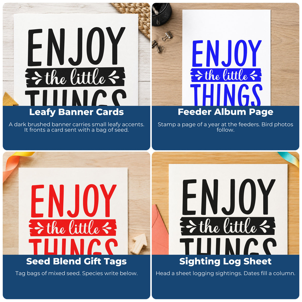 Four ways to use the Enjoy The Little Things Leaf Accents Pre-Inked Stamp – Slim: leafy banner cards, feeder album page, seed blend gift tags and sighting log sheet.