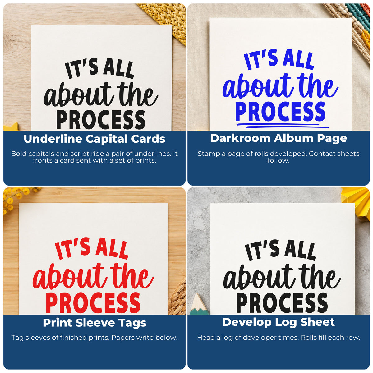 Four ways to use the It's All About The Process Slim Pre-Inked Stamp: underline capital cards, darkroom album page, print sleeve tags and develop log sheet.