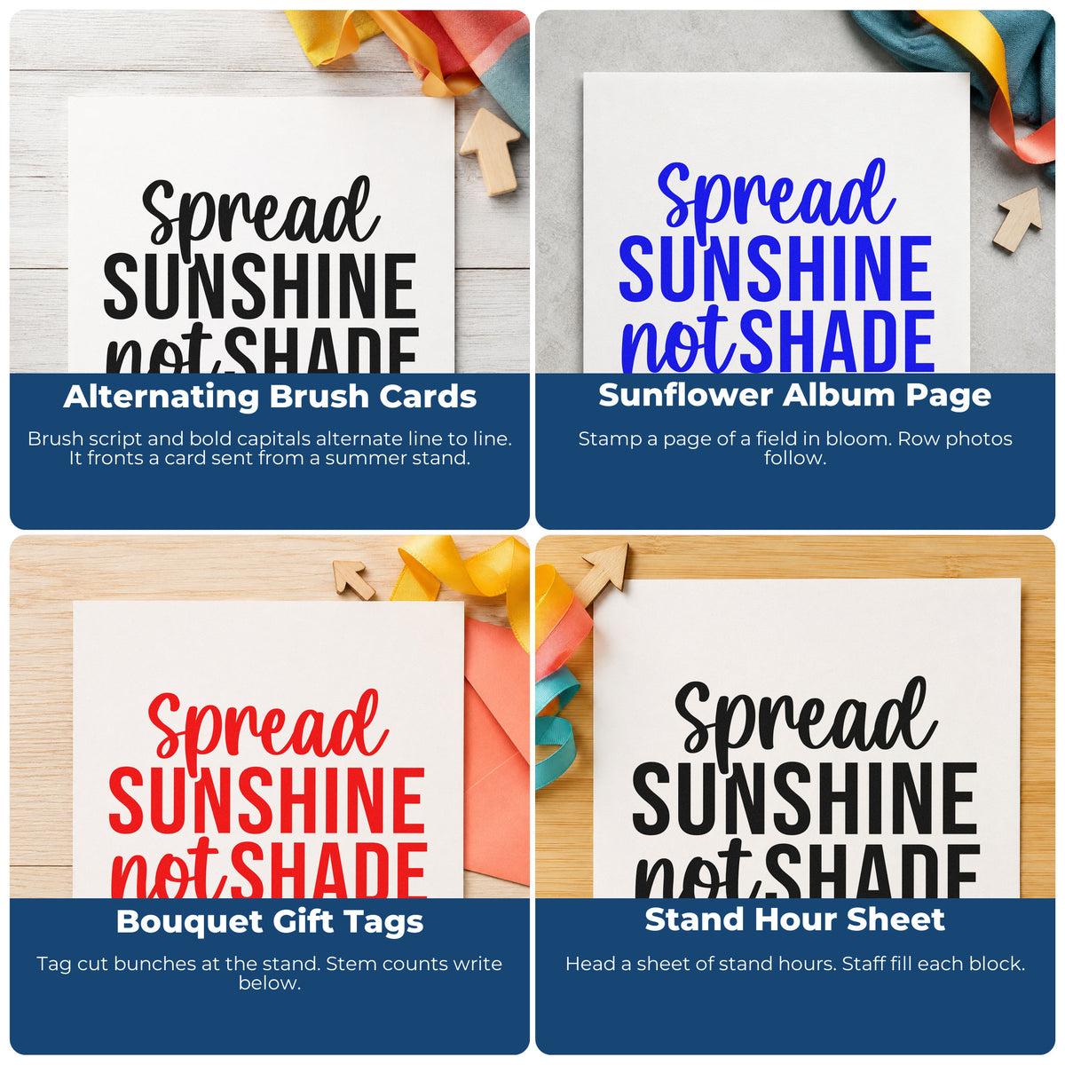 Four ways to use the Spread Sunshine Not Shade Stamp – Wood Handle: alternating brush cards, sunflower album page, bouquet gift tags and stand hour sheet.