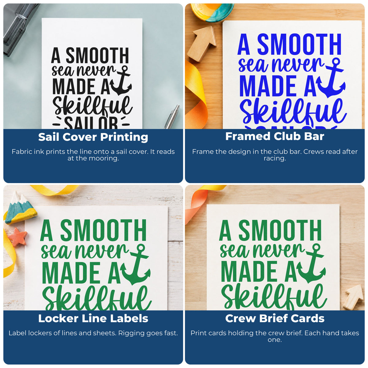Four ways to use the Smooth Sea Skillful Sailor Stamp – Self-Inking: sail cover printing, framed club bar, locker line labels and crew brief cards.