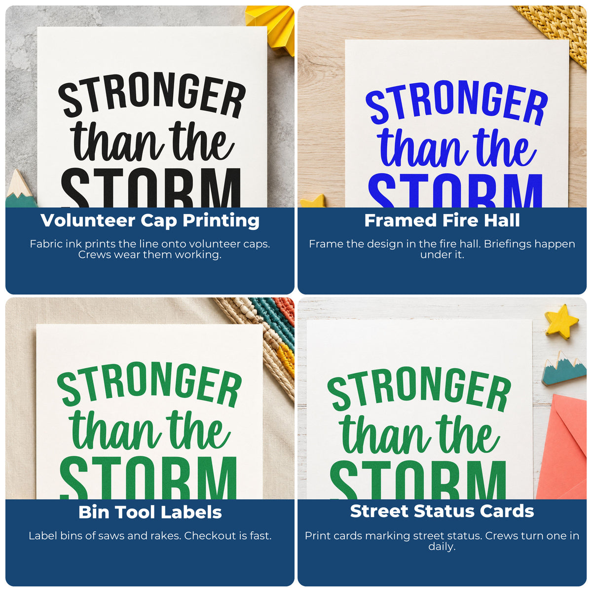 Four ways to use the Stronger Than The Storm Arch Stamp – Self-Inking: volunteer cap printing, framed fire hall, bin tool labels and street status cards.