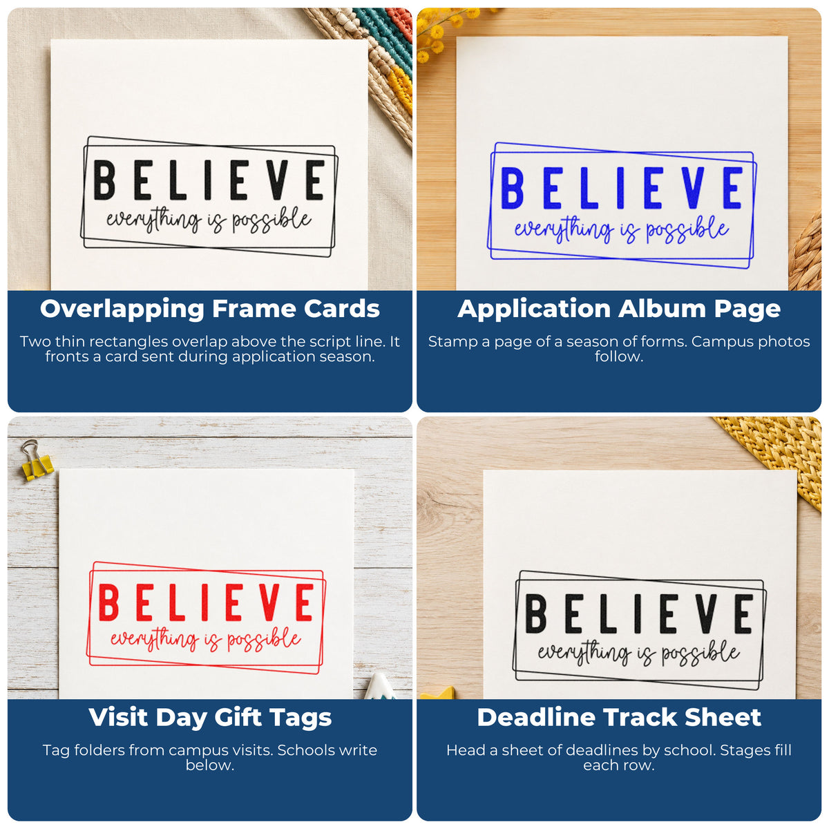 Uplifting rubber stamps for scrapbooks, cardmaking, journaling and gift tags to add motivational phrases to handmade paper crafts.