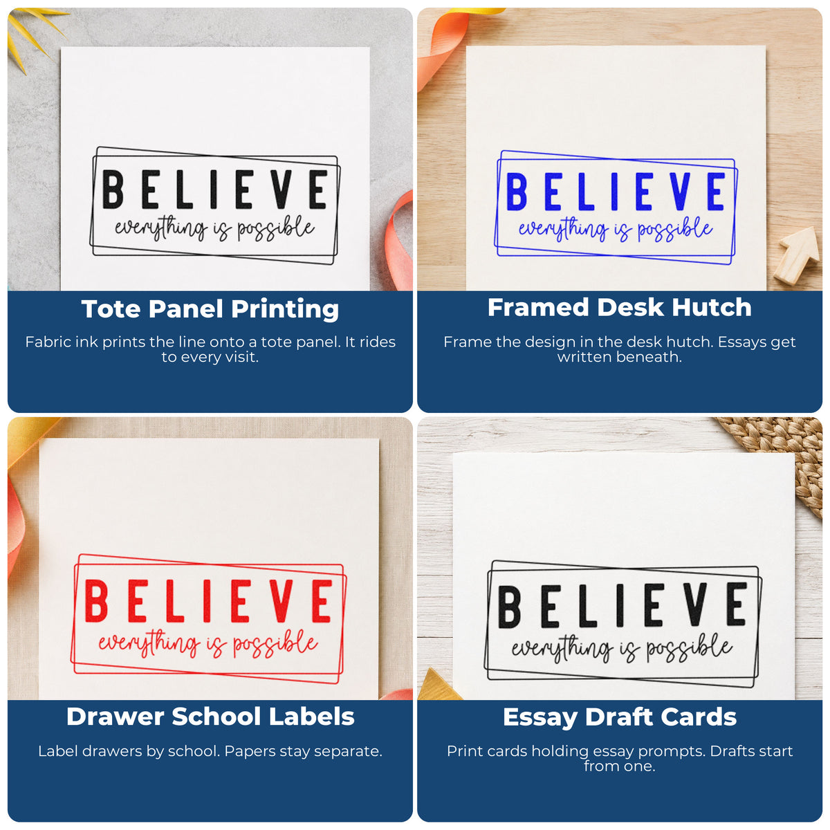 Rubber stamp design ideas for habit trackers, vision boards, sticky notes, and planners with motivational quote impressions.