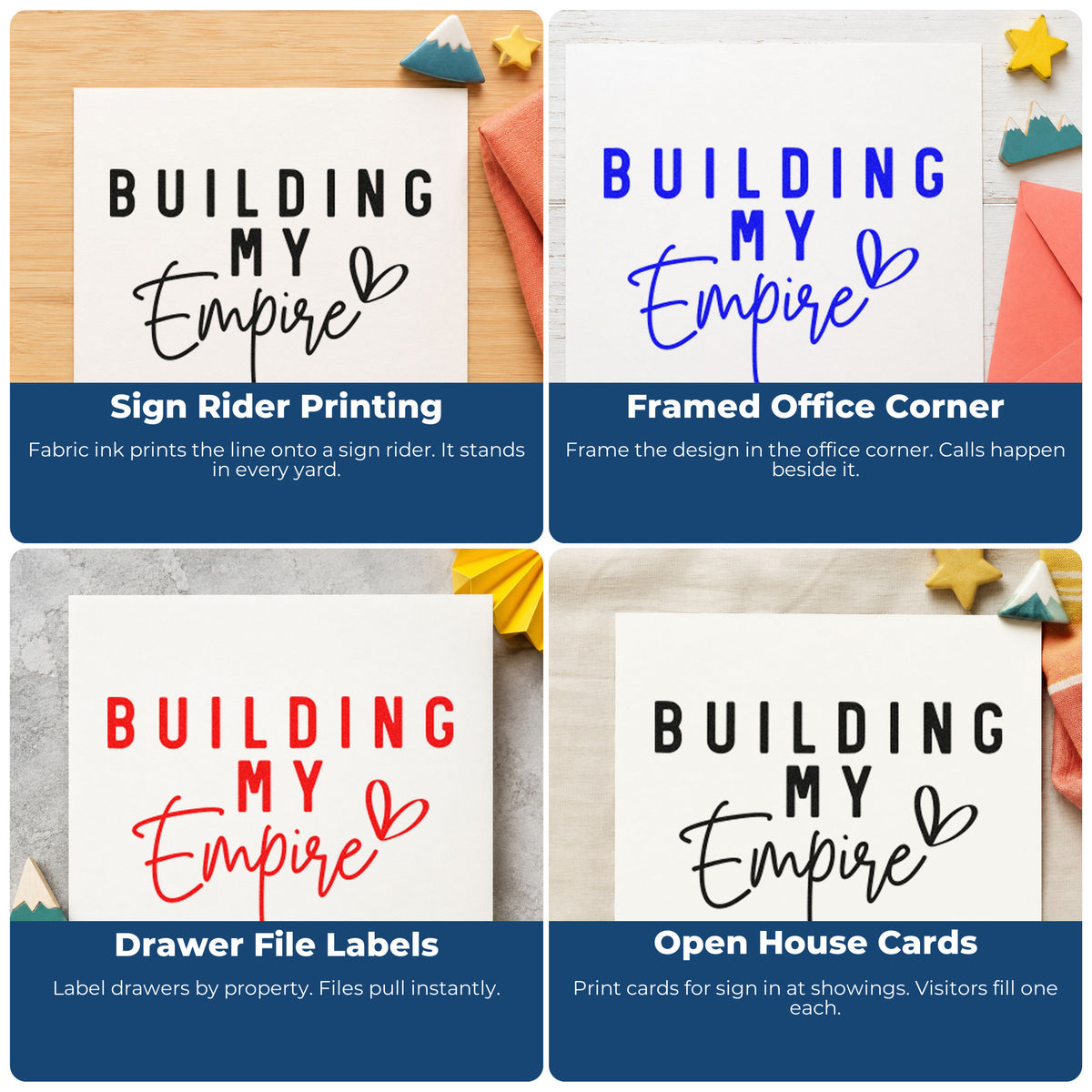 Four ways to use the Building My Empire Rubber Stamp – Wood Handle: sign rider printing, framed office corner, drawer file labels and open house cards.
