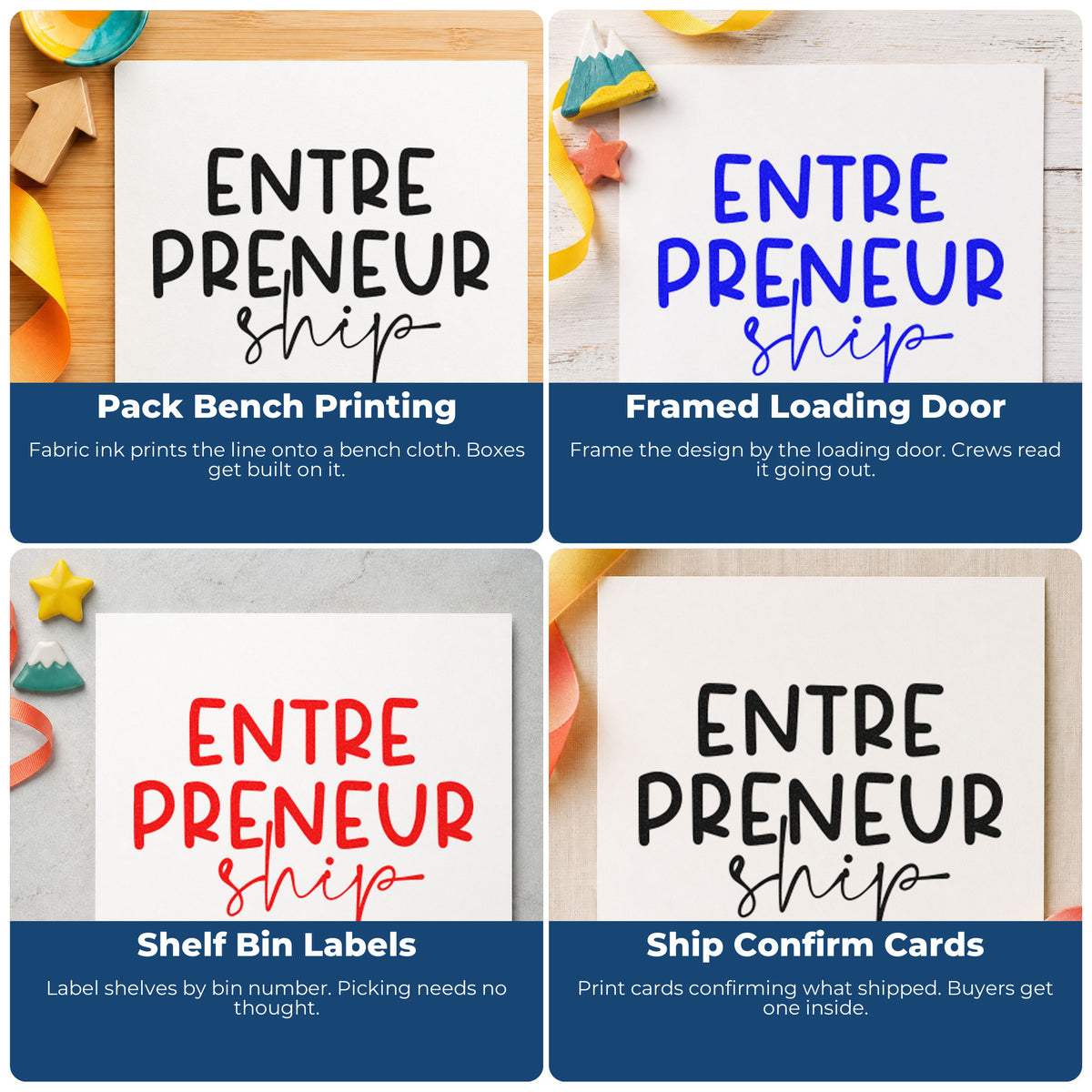 Four ways to use the Entrepreneurship Split Lettering Slim Pre-Inked Stamp: pack bench printing, framed loading door, shelf bin labels and ship confirm cards.
