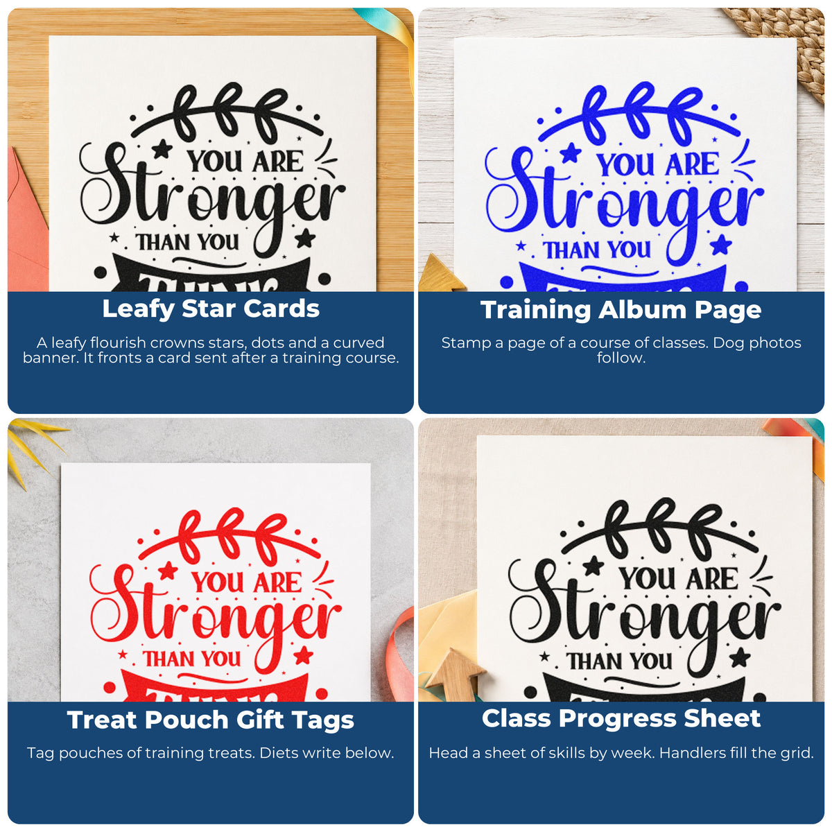 Four ways to use the Duo Hand You Are Stronger Than You Think Rubber Stamp: leafy star cards, training album page, treat pouch gift tags and class progress sheet.