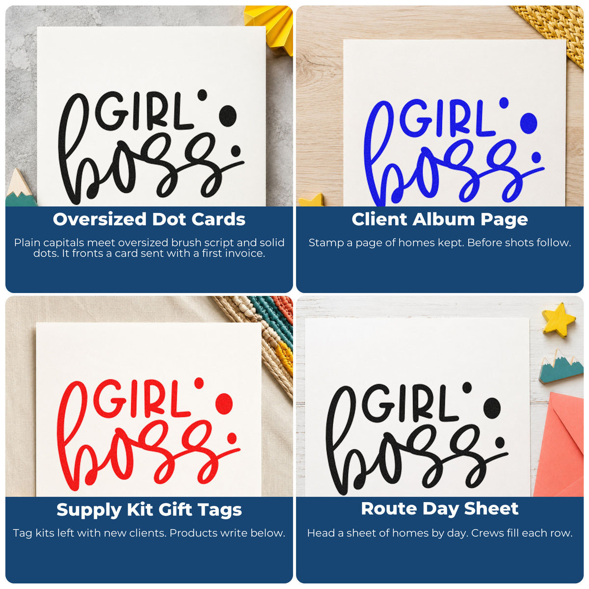 Four ways to use the Girl Boss Rubber Stamp – Wood Handle: oversized dot cards, client album page, supply kit gift tags and route day sheet.