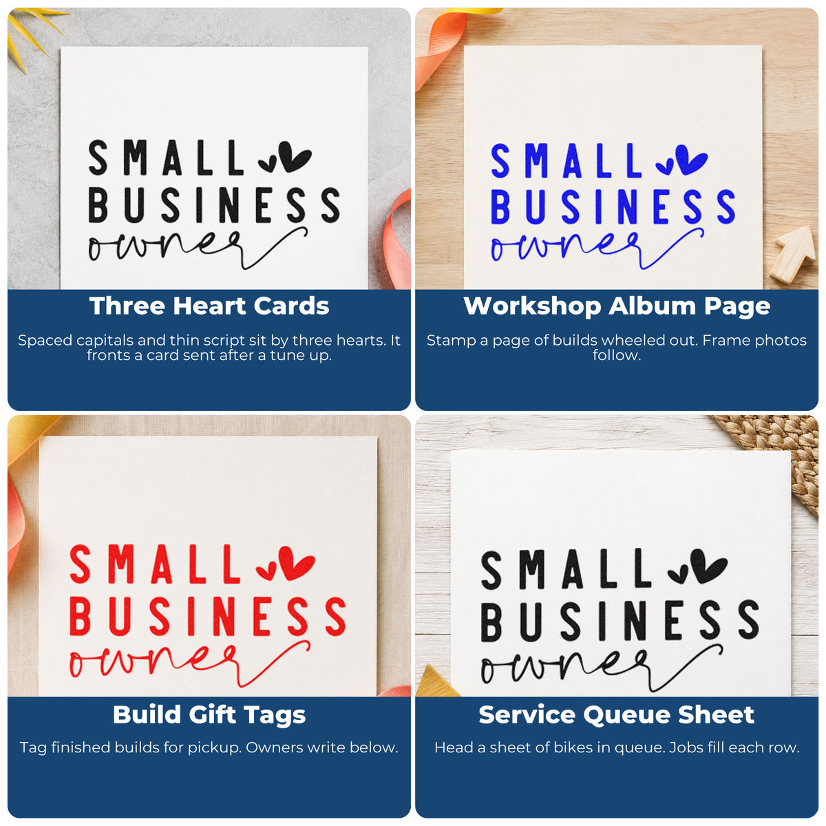 Four ways to use the Small Business Owner Rubber Stamp – Wood Handle: three heart cards, workshop album page, build gift tags and service queue sheet.