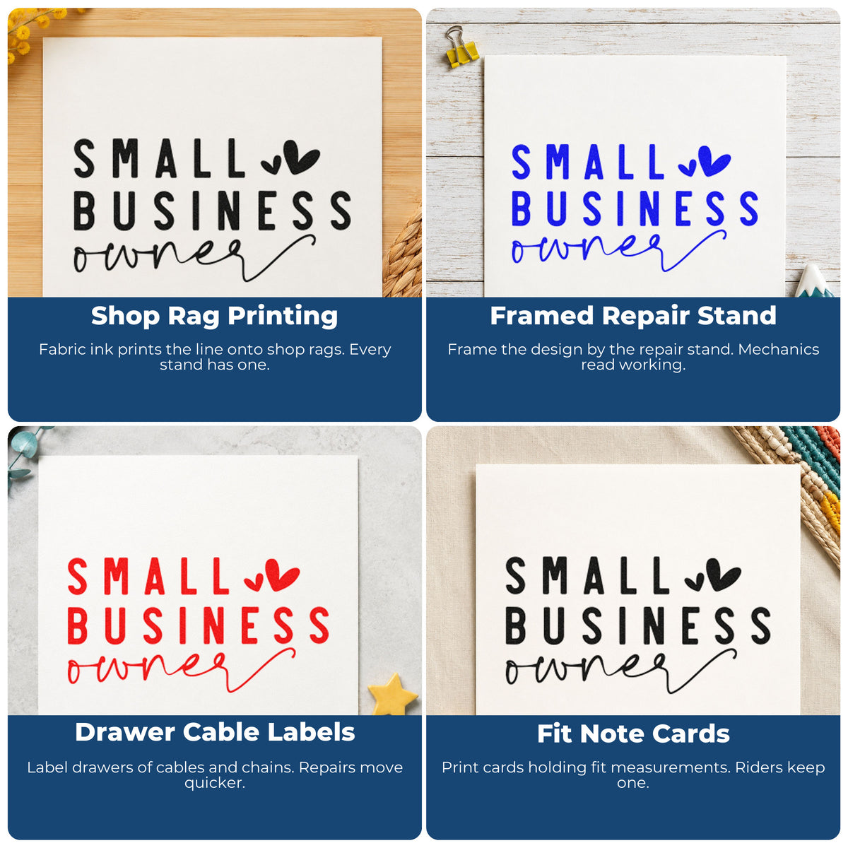 Four ways to use the Small Business Owner Rubber Stamp – Wood Handle: shop rag printing, framed repair stand, drawer cable labels and fit note cards.