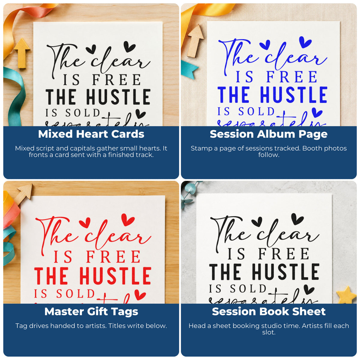 Four ways to use the Hustle Sold Separately Heart Word Art Pre-Inked Stamp – Slim: mixed heart cards, session album page, master gift tags and session book sheet.
