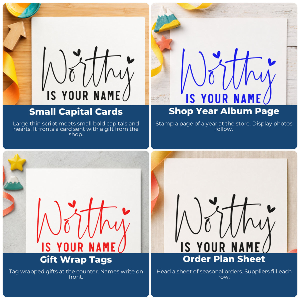 Four ways to use the Worthy Is Your Name Wood Handle Stamp: small capital cards, shop year album page, gift wrap tags and order plan sheet.