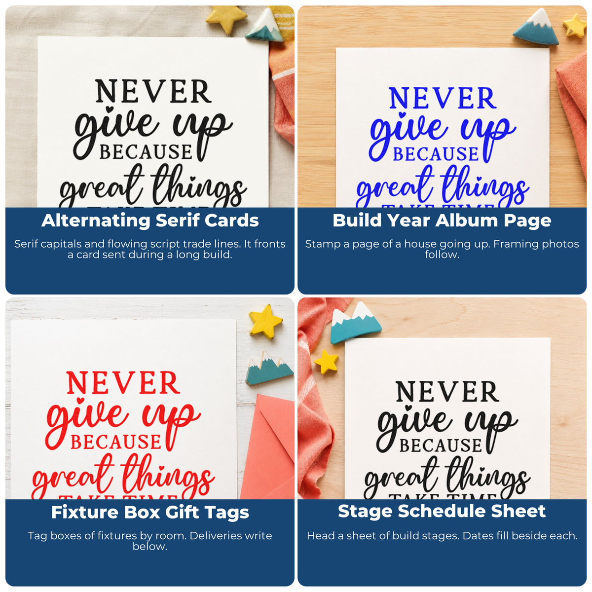 Motivational rubber stamp designs for scrapbooks, cardmaking, journaling, and gift tags with uplifting quote text.