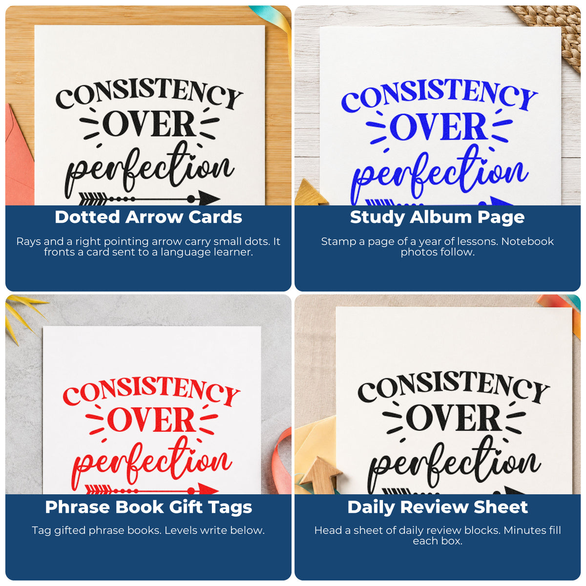 Motivational rubber stamps for scrapbooks, cardmaking, journaling and gift tags with uplifting handmade phrases.