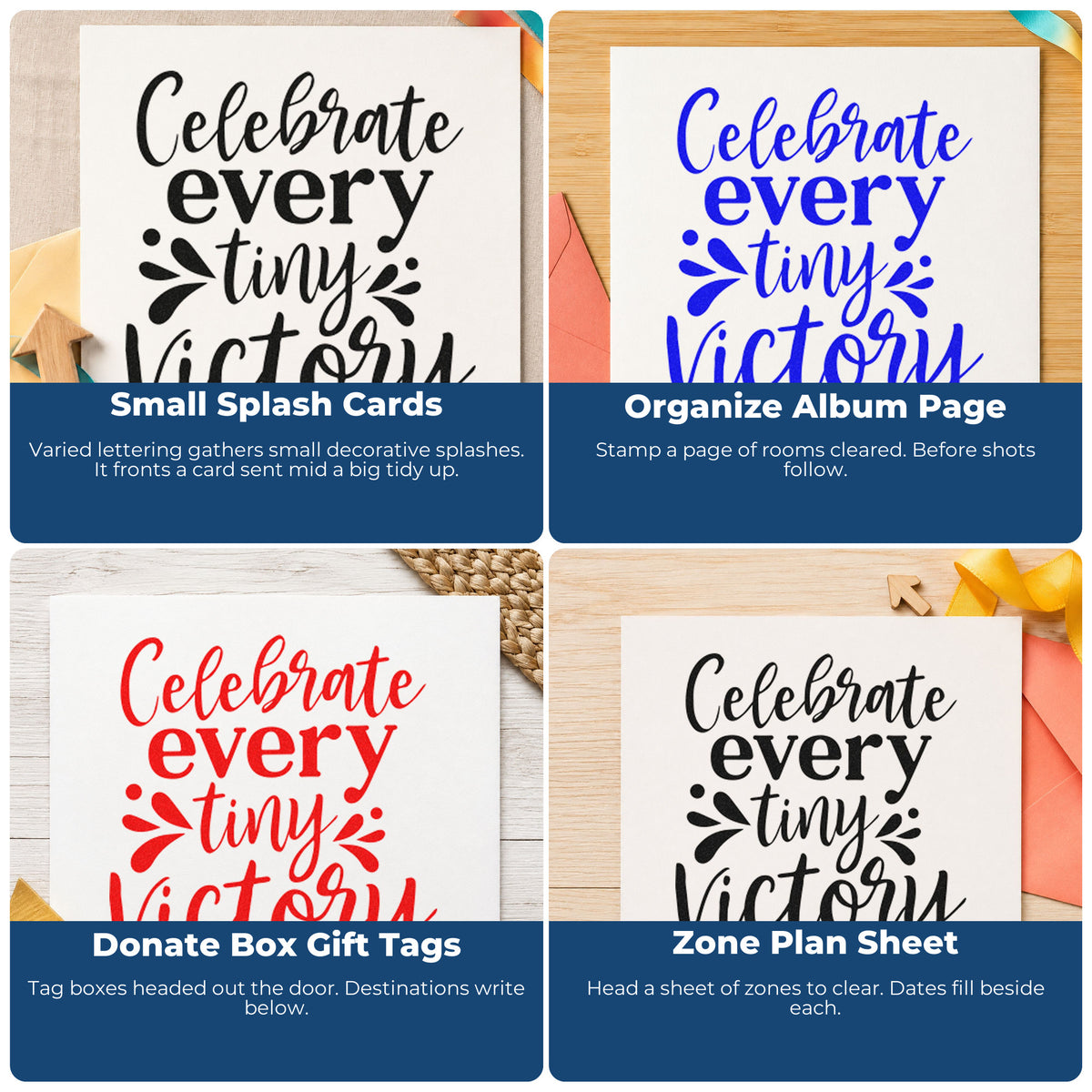 Rubber stamp ideas for scrapbooking, cardmaking, journaling and gift tags with motivational phrases for handmade paper crafts.