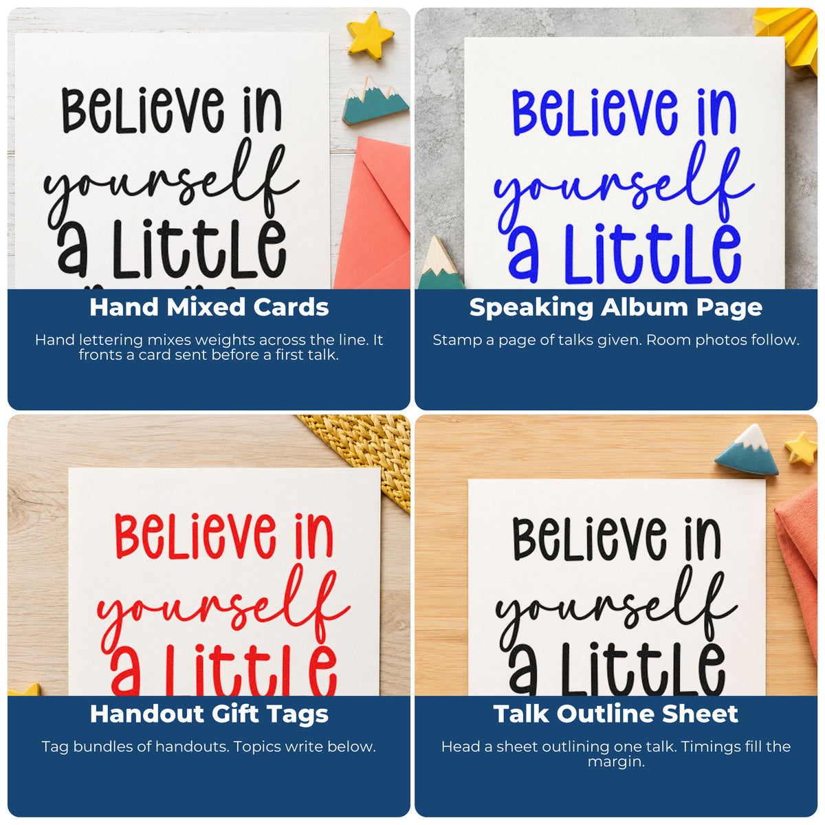 Four ways to use the Believe In Yourself A Little More Premium Wood-Mounted Stamp - Vintage Pro: hand mixed cards, speaking album page, handout gift tags and talk outline sheet.