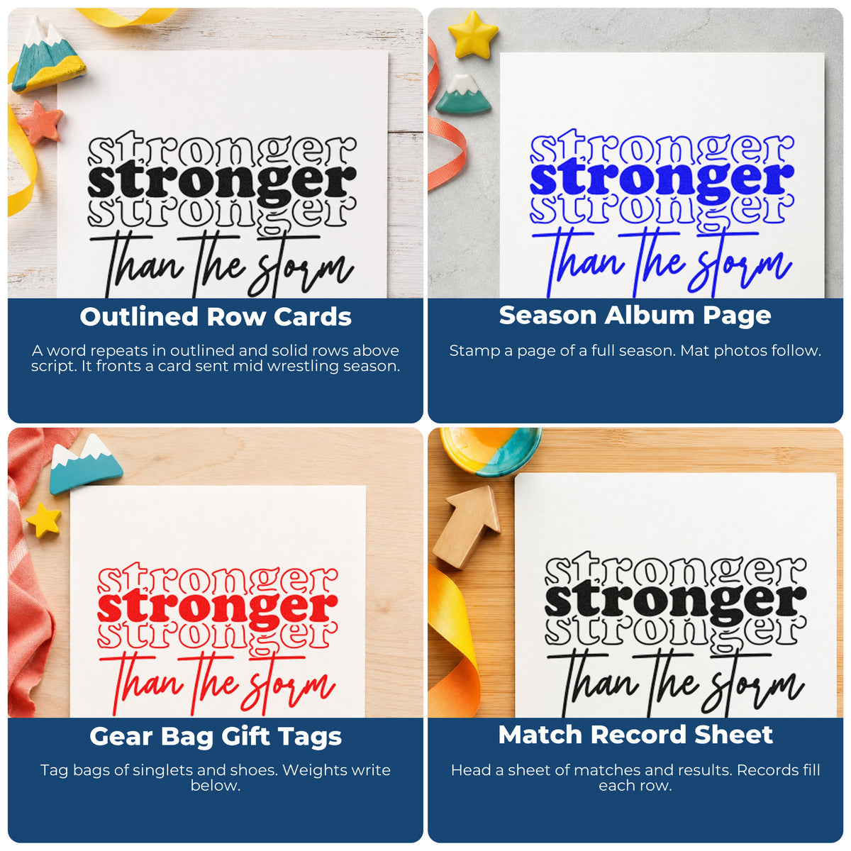 Motivational rubber stamps for scrapbooks, cardmaking, journaling, and gift tags with uplifting phrases for handmade crafts.