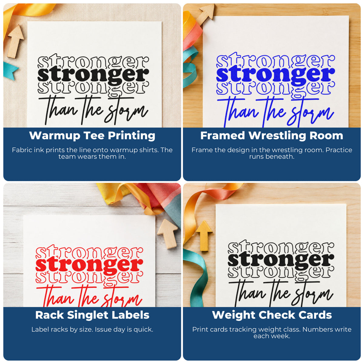 Four ways to use the Stronger Than The Storm Repeated Script Lettering PSI Pre-Inked Stamp: warmup tee printing, framed wrestling room, rack singlet labels and weight check cards.