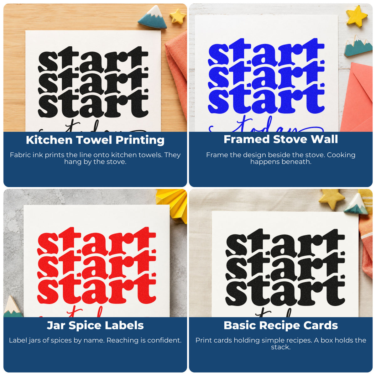 Four ways to use the Start Today Repeated Word Art Rubber Stamp – Wood Handle: kitchen towel printing, framed stove wall, jar spice labels and basic recipe cards.