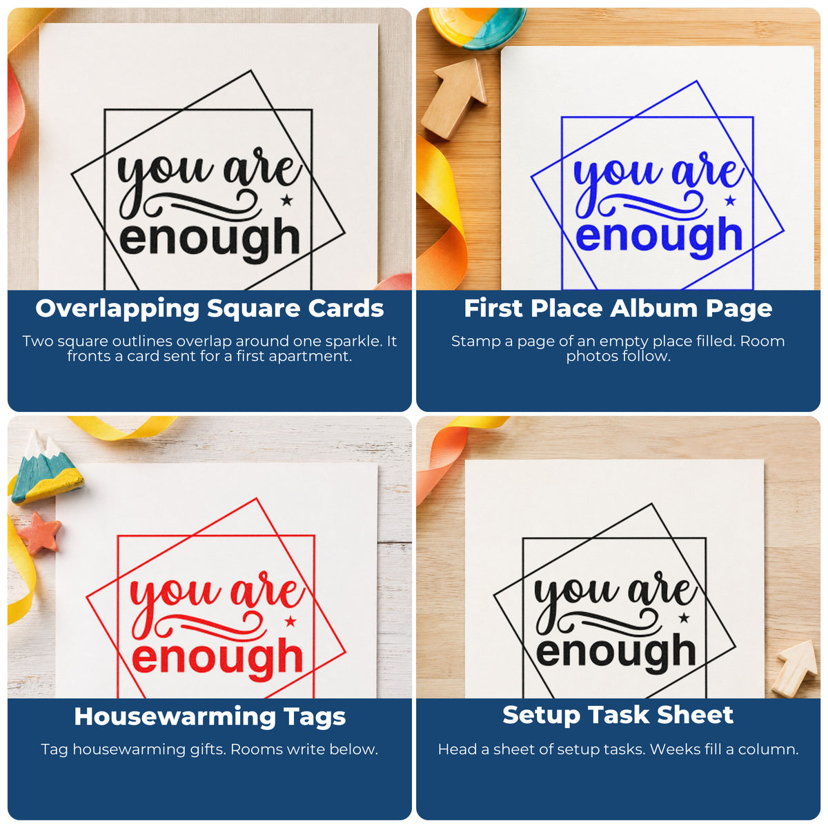 Motivational rubber stamps for scrapbooks, cardmaking, journaling and gift tags with uplifting phrases and inspirational lettering.