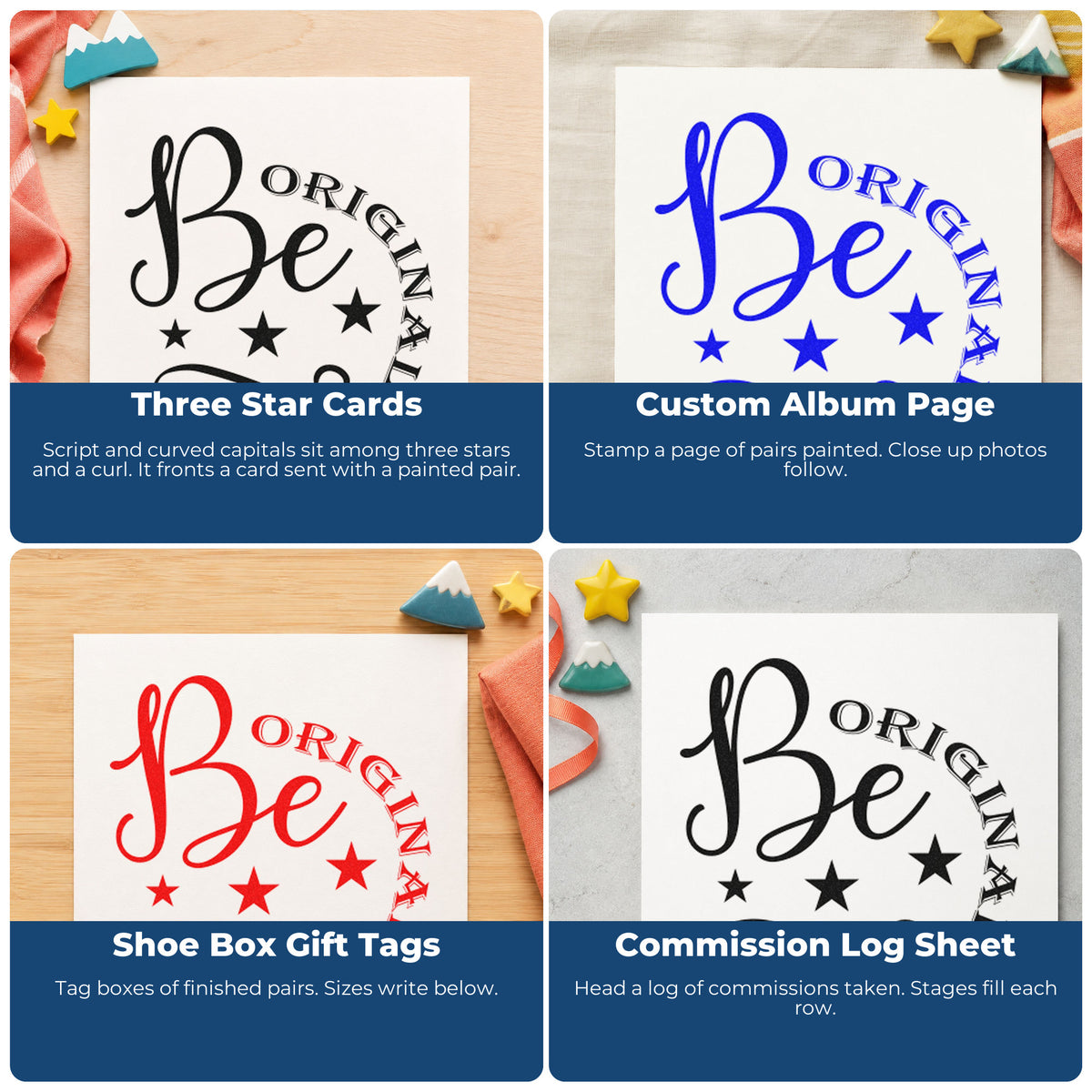 Motivational rubber stamp examples for scrapbooks, cardmaking, journaling, and gift tags with uplifting quote designs.