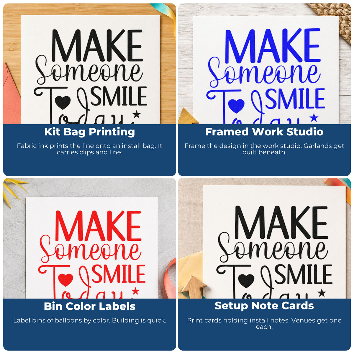 Four ways to use the Make Someone Smile Today With Stars Hand Stamp – Duo: kit bag printing, framed work studio, bin color labels and setup note cards.