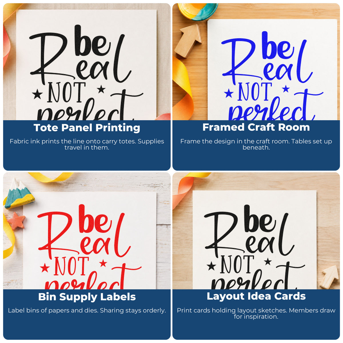 Four ways to use the Be Real Not Perfect Stars Self-Inking Stamp: tote panel printing, framed craft room, bin supply labels and layout idea cards.