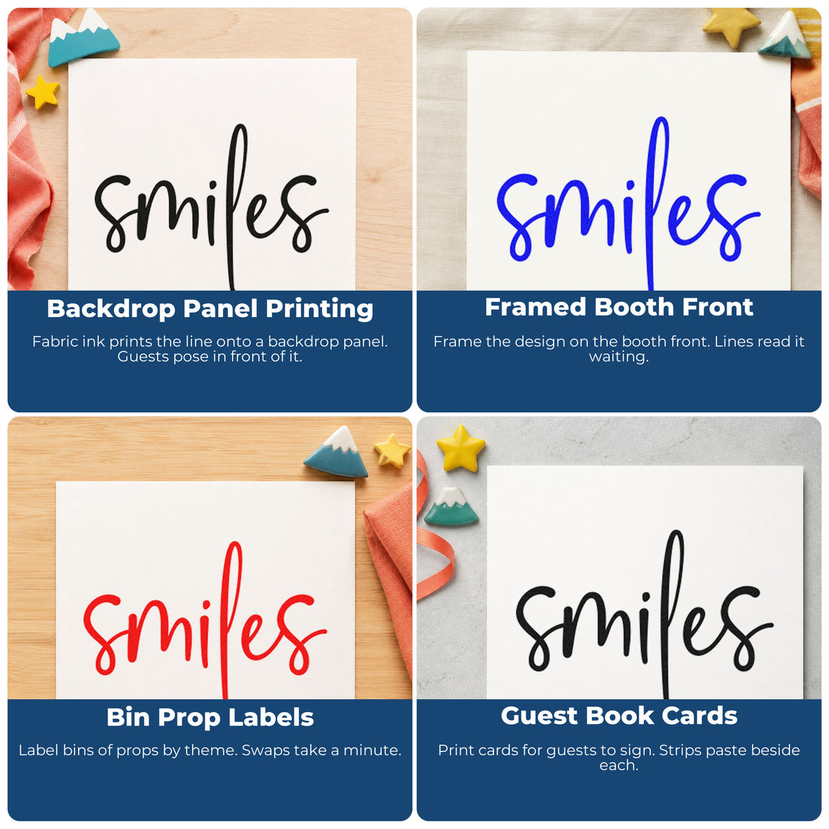Four ways to use the Smiles Simple Brush Script Lettering Slim Pre-Inked Stamp: backdrop panel printing, framed booth front, bin prop labels and guest book cards.
