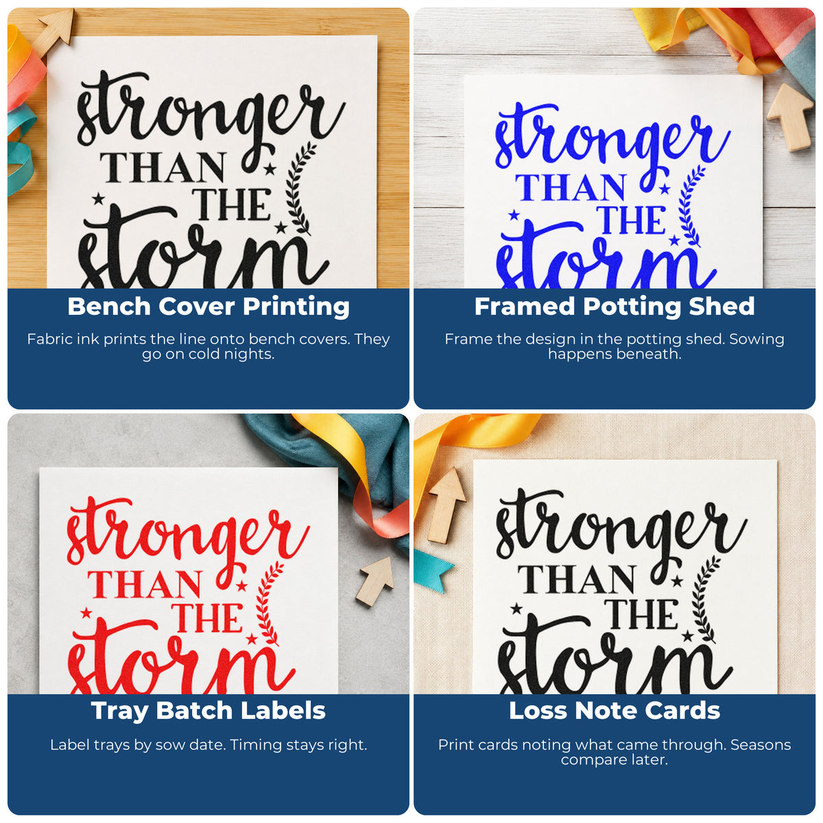 Four ways to use the Stronger Than The Storm Leaves Rubber Stamp – Wood Handle: bench cover printing, framed potting shed, tray batch labels and loss note cards.