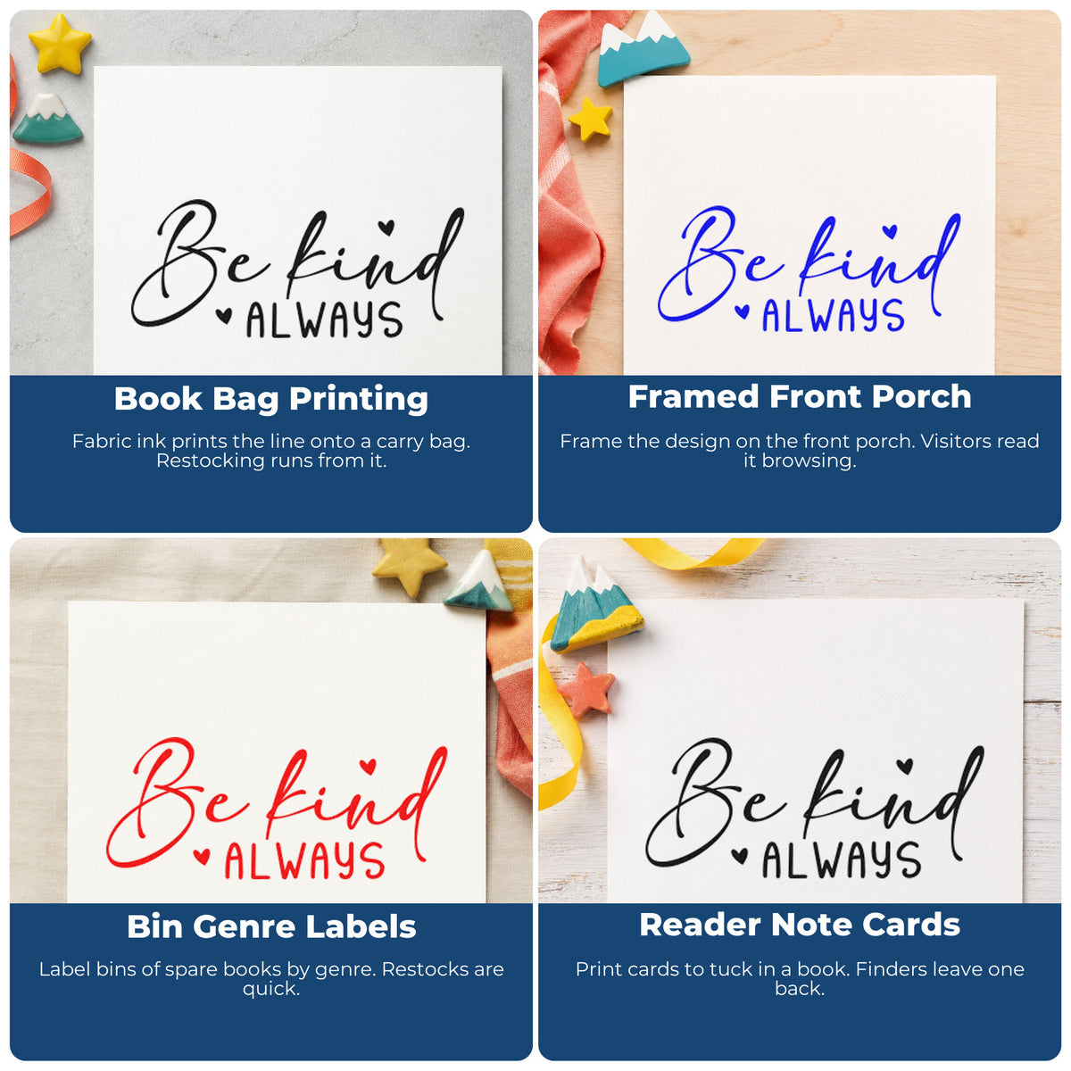 Four ways to use the Be Kind Always With Hearts Stamp – Self-Inking: book bag printing, framed front porch, bin genre labels and reader note cards.