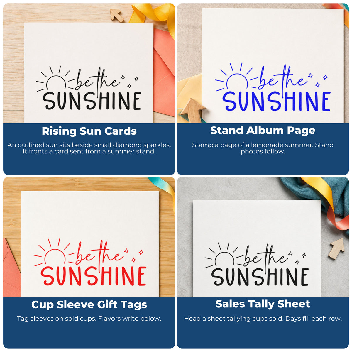 Four ways to use the Be The Sunshine Sunrise Slim Pre-Inked Stamp: rising sun cards, stand album page, cup sleeve gift tags and sales tally sheet.