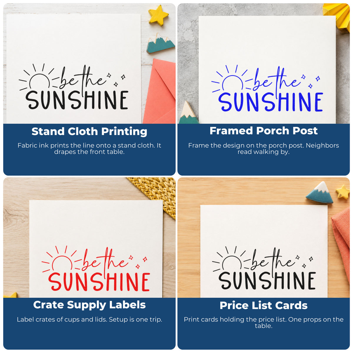 Four ways to use the Be The Sunshine Sunrise Self-Inking Stamp: stand cloth printing, framed porch post, crate supply labels and price list cards.